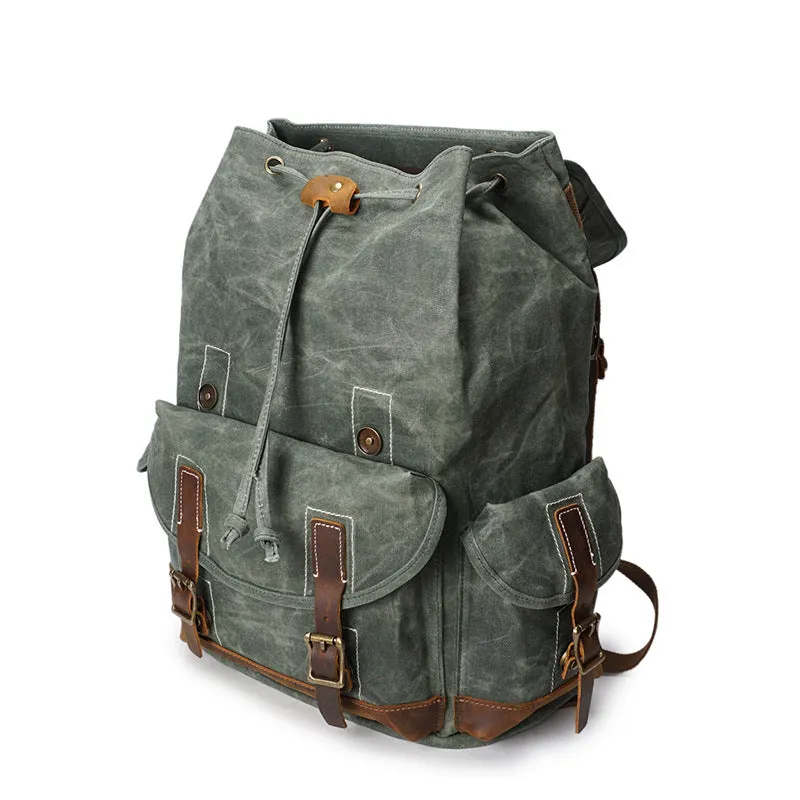 Vintage Military-Style Canvas Backpack with Leather Straps