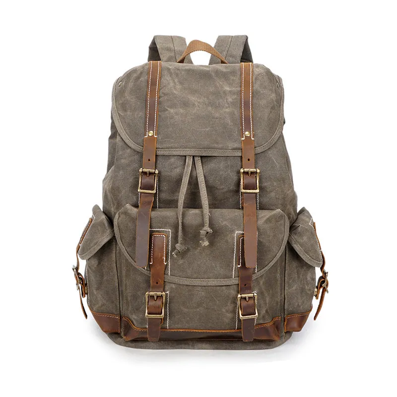 Vintage Military-Style Canvas Backpack with Leather Straps