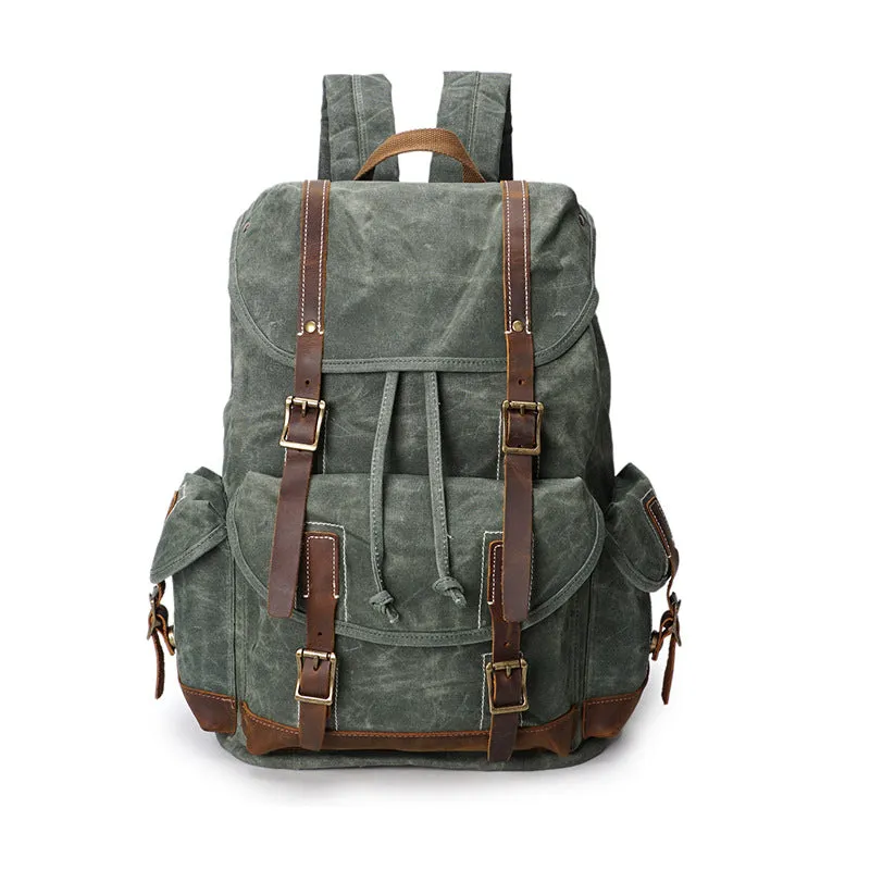 Vintage Military-Style Canvas Backpack with Leather Straps