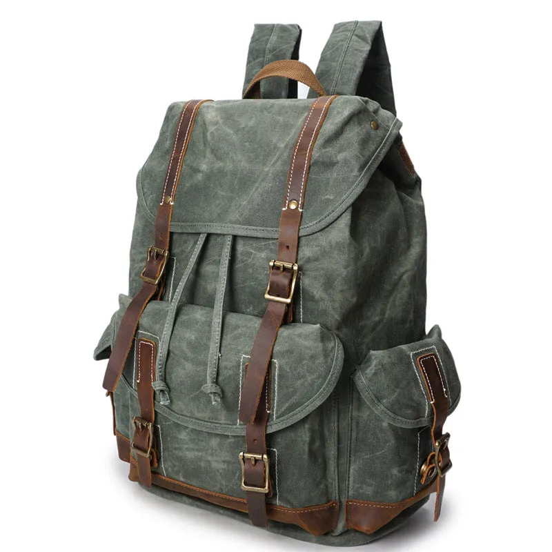 Vintage Military-Style Canvas Backpack with Leather Straps