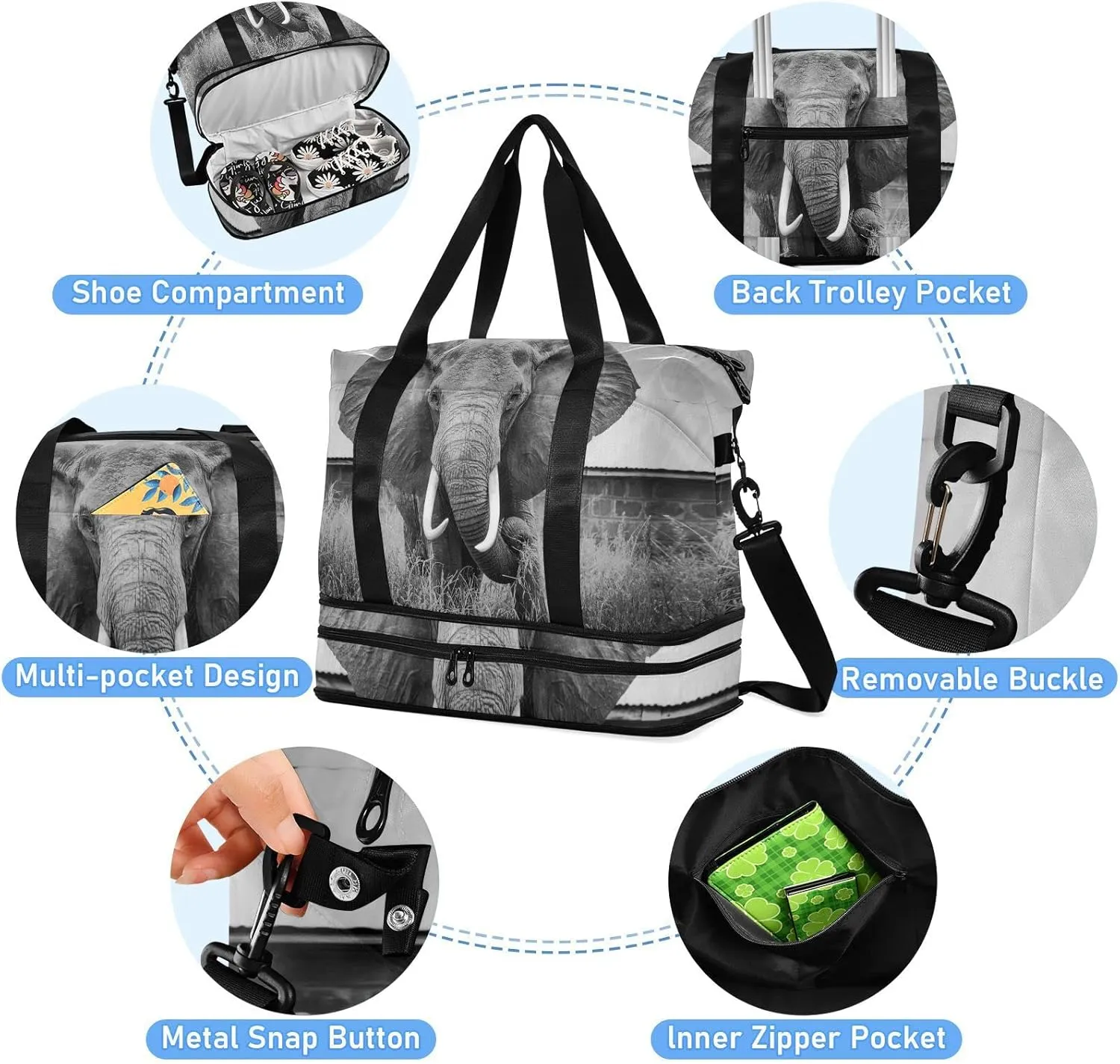 Vintage Retro Old Style Elephant in Black and White Foldable Travel Bag, Camping Luggage bag, Portable Gym Bag, Sports Bag, Toiletry Bag with Handles Adjustable Shoulder Strap