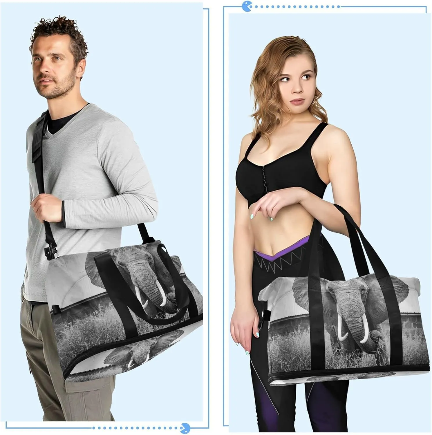 Vintage Retro Old Style Elephant in Black and White Foldable Travel Bag, Camping Luggage bag, Portable Gym Bag, Sports Bag, Toiletry Bag with Handles Adjustable Shoulder Strap