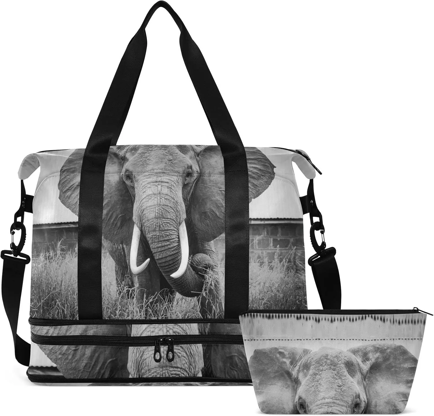 Vintage Retro Old Style Elephant in Black and White Foldable Travel Bag, Camping Luggage bag, Portable Gym Bag, Sports Bag, Toiletry Bag with Handles Adjustable Shoulder Strap