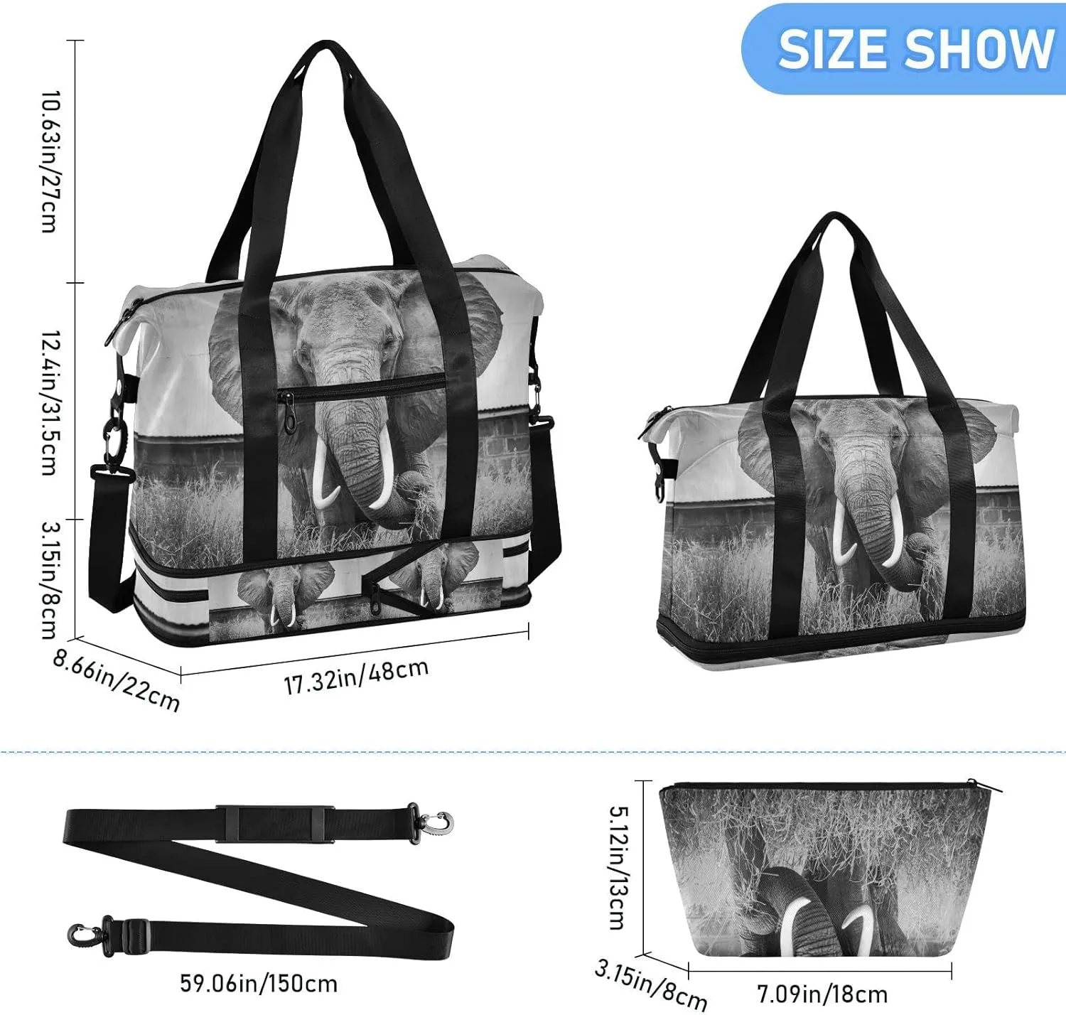 Vintage Retro Old Style Elephant in Black and White Foldable Travel Bag, Camping Luggage bag, Portable Gym Bag, Sports Bag, Toiletry Bag with Handles Adjustable Shoulder Strap