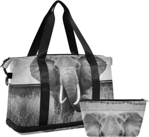 Vintage Retro Old Style Elephant in Black and White Foldable Travel Bag, Camping Luggage bag, Portable Gym Bag, Sports Bag, Toiletry Bag with Handles Adjustable Shoulder Strap