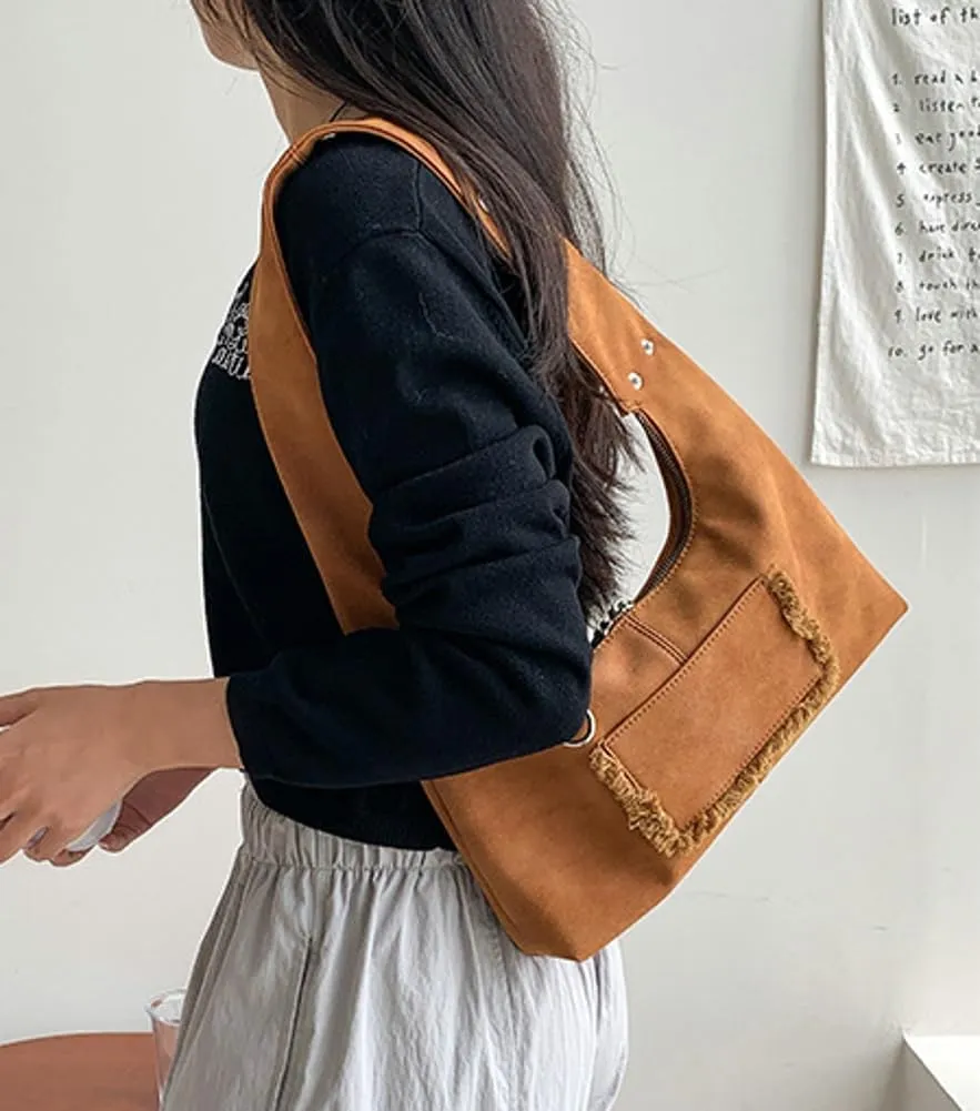 Vintage Underarm Bag for Women Y2K Designer Bag Suede Shoulder Bag Suede Fall Purse Top Handle Tote Handbag