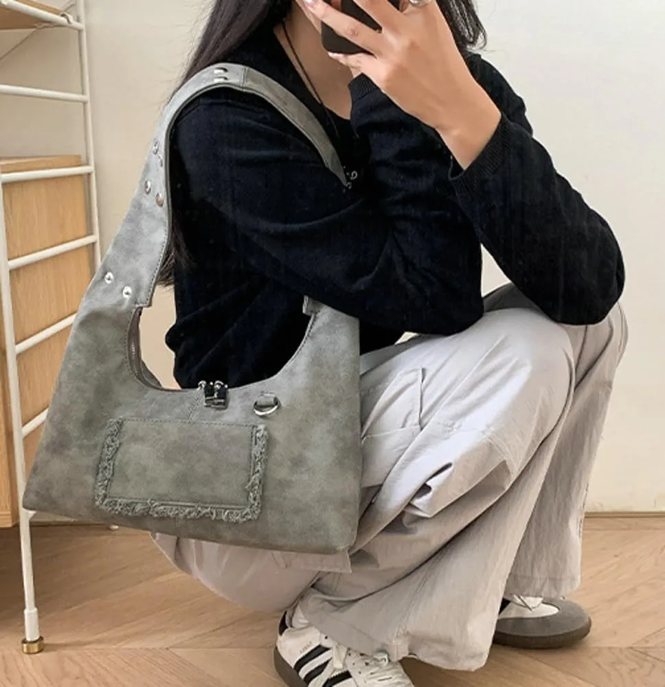 Vintage Underarm Bag for Women Y2K Designer Bag Suede Shoulder Bag Suede Fall Purse Top Handle Tote Handbag