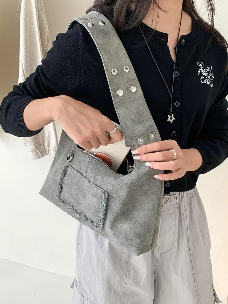 Vintage Underarm Bag for Women Y2K Designer Bag Suede Shoulder Bag Suede Fall Purse Top Handle Tote Handbag