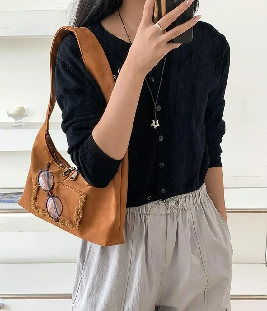 Vintage Underarm Bag for Women Y2K Designer Bag Suede Shoulder Bag Suede Fall Purse Top Handle Tote Handbag