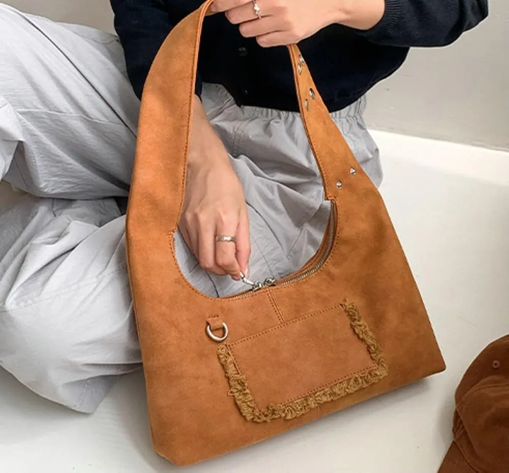 Vintage Underarm Bag for Women Y2K Designer Bag Suede Shoulder Bag Suede Fall Purse Top Handle Tote Handbag