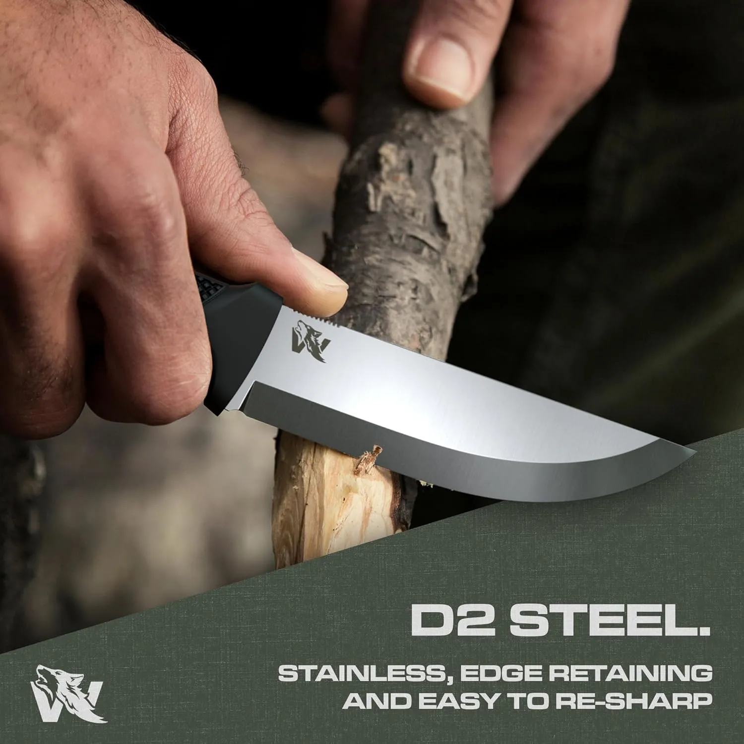 W-SCANDI Full Tang Bushcraft & Camping Knife - Fixed Blade with TPE Handle & Sheath - Made of D2 Steel