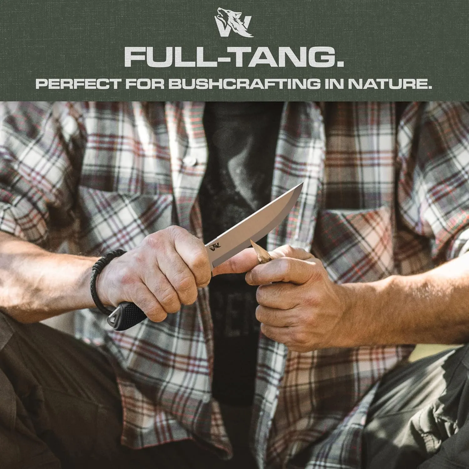 W-SCANDI Full Tang Bushcraft & Camping Knife - Fixed Blade with TPE Handle & Sheath - Made of D2 Steel