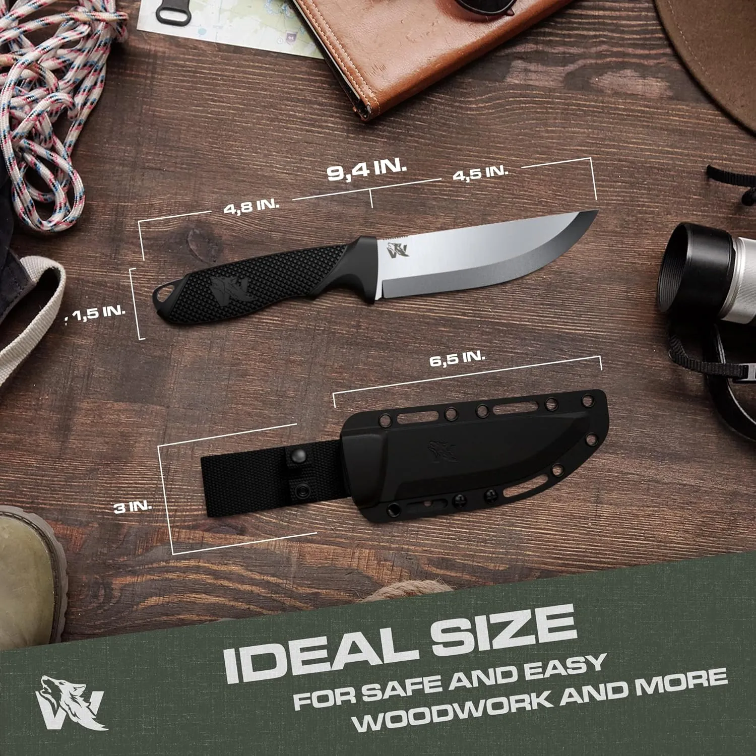 W-SCANDI Full Tang Bushcraft & Camping Knife - Fixed Blade with TPE Handle & Sheath - Made of D2 Steel