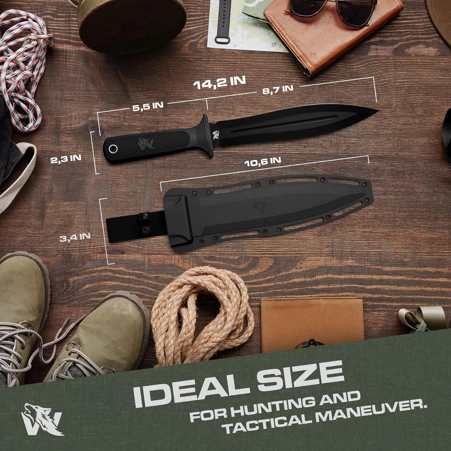 W-SowCatcher Fixed Blade Knife With Sheath - Large Hunting Blade Made of D2 Steel - Double Edge With TPE Handle