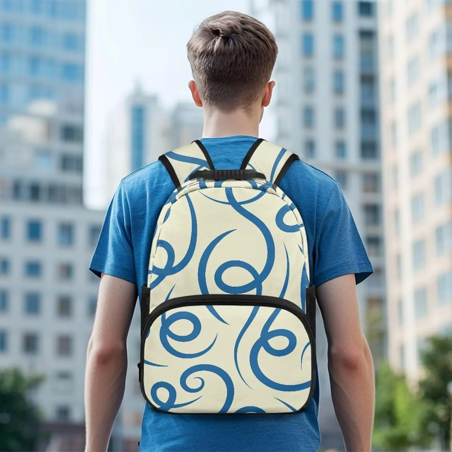 Water Resistant Backpack for Girls Teens - 17.3" Laptop Backpack, Lightweight School Bookbag with Mesh Side Pockets, Large Capacity for High School College, Abstract Blue Stripe Print