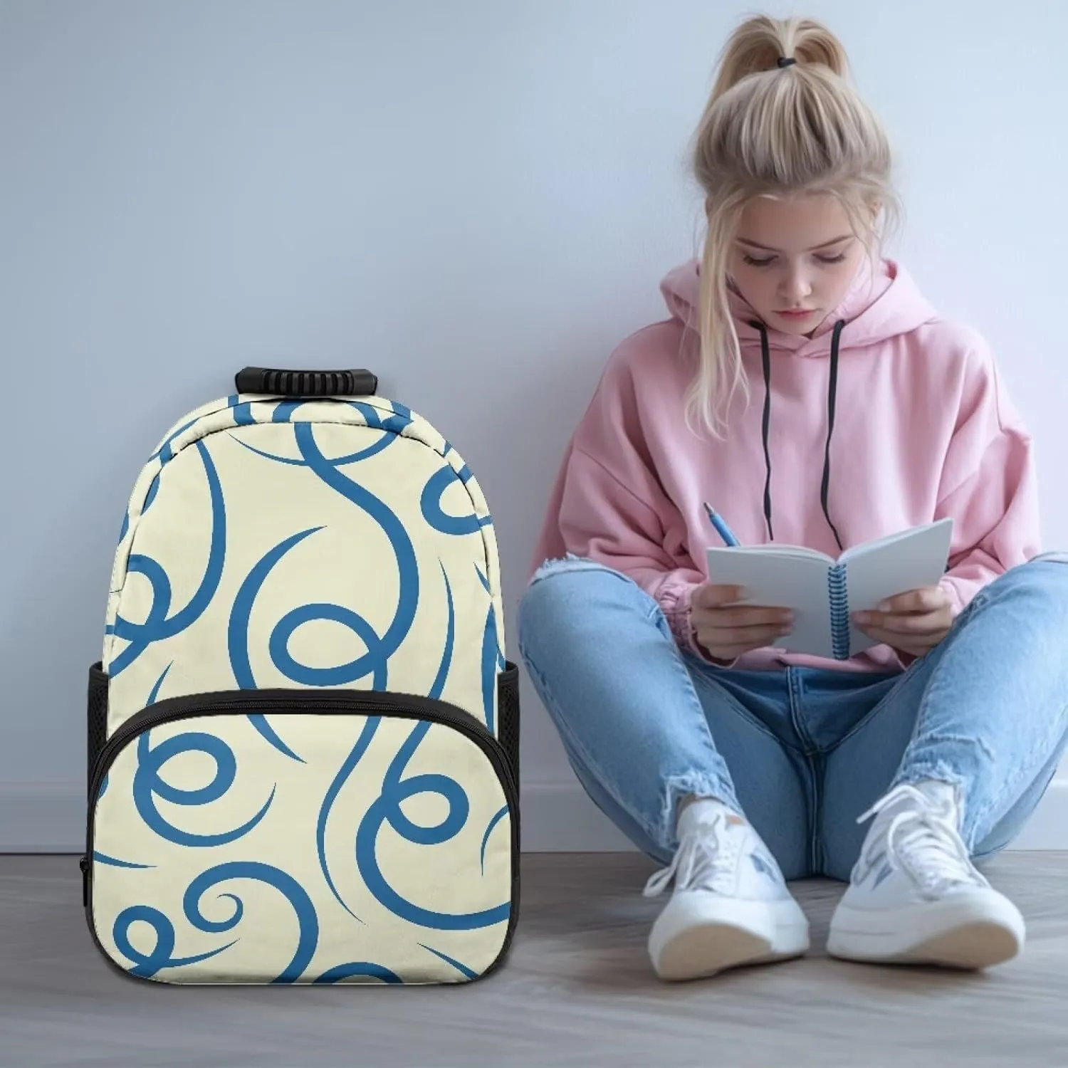 Water Resistant Backpack for Girls Teens - 17.3" Laptop Backpack, Lightweight School Bookbag with Mesh Side Pockets, Large Capacity for High School College, Abstract Blue Stripe Print