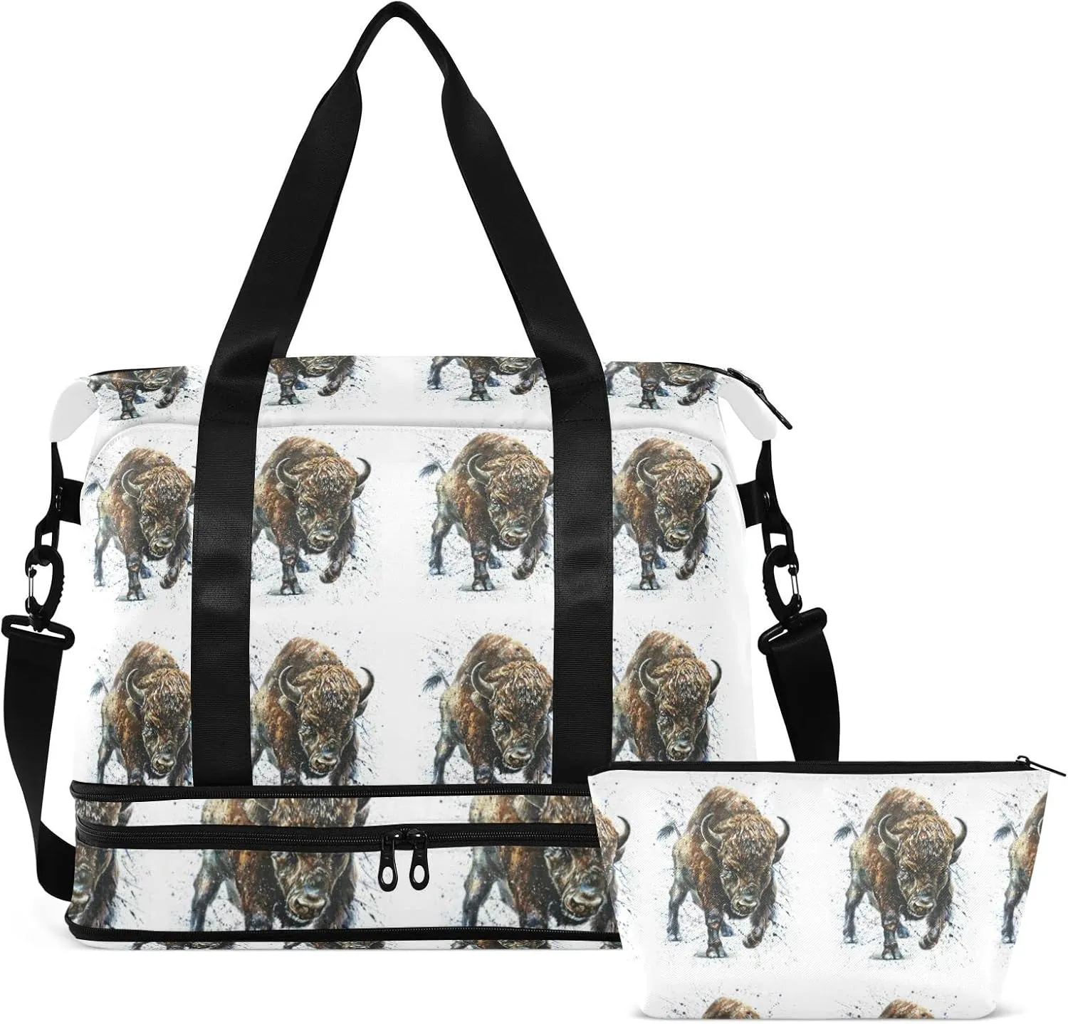 Watercolor Angry Buffalo, Bison, Bull, Wild Animal Paint on White Foldable Travel Bag, Camping Luggage bag, Portable Gym Bag, Sports Bag, Toiletry Bag with Handles Adjustable Shoulder Strap