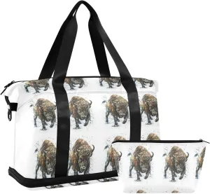 Watercolor Angry Buffalo, Bison, Bull, Wild Animal Paint on White Foldable Travel Bag, Camping Luggage bag, Portable Gym Bag, Sports Bag, Toiletry Bag with Handles Adjustable Shoulder Strap