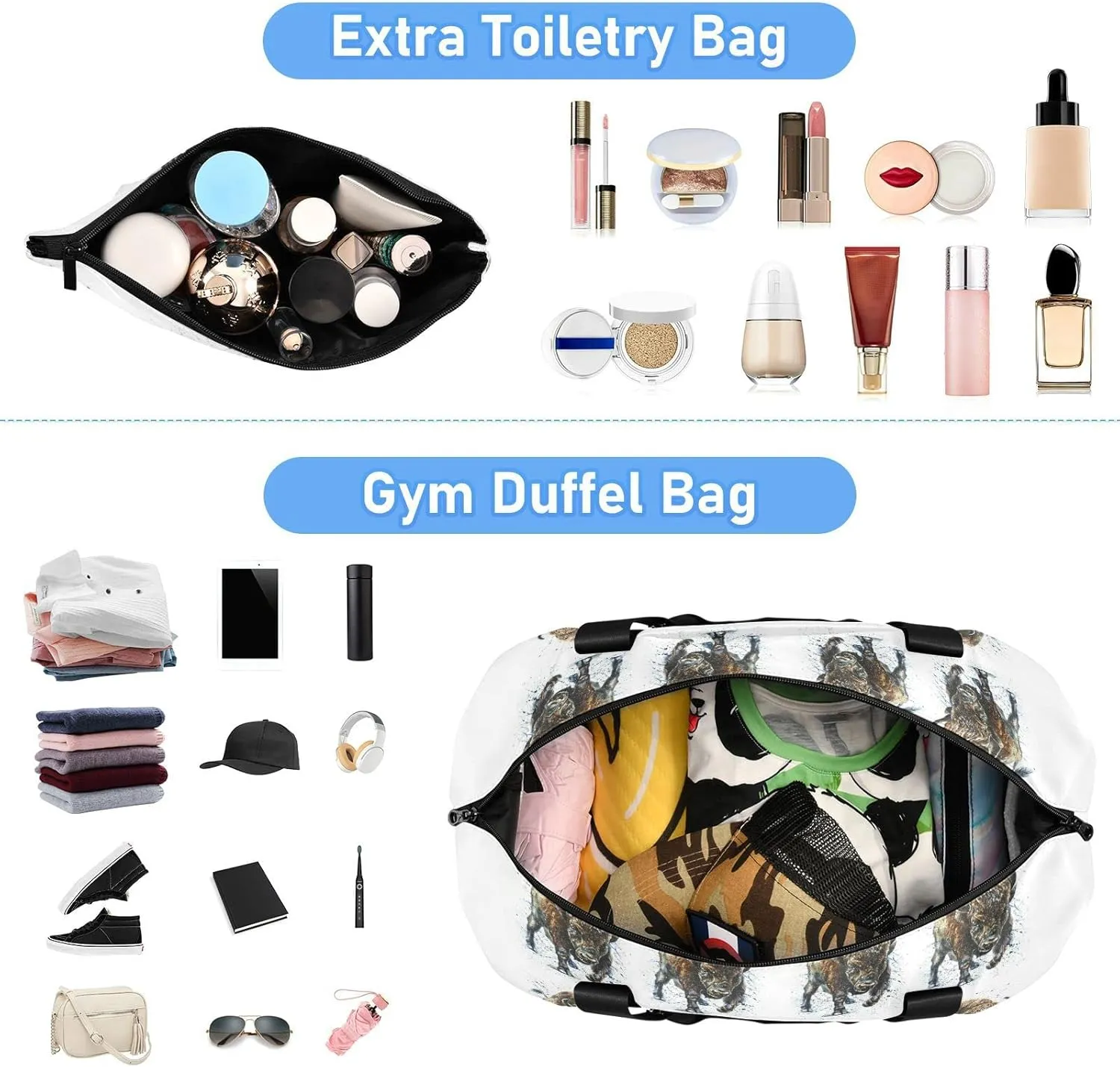 Watercolor Angry Buffalo, Bison, Bull, Wild Animal Paint on White Foldable Travel Bag, Camping Luggage bag, Portable Gym Bag, Sports Bag, Toiletry Bag with Handles Adjustable Shoulder Strap