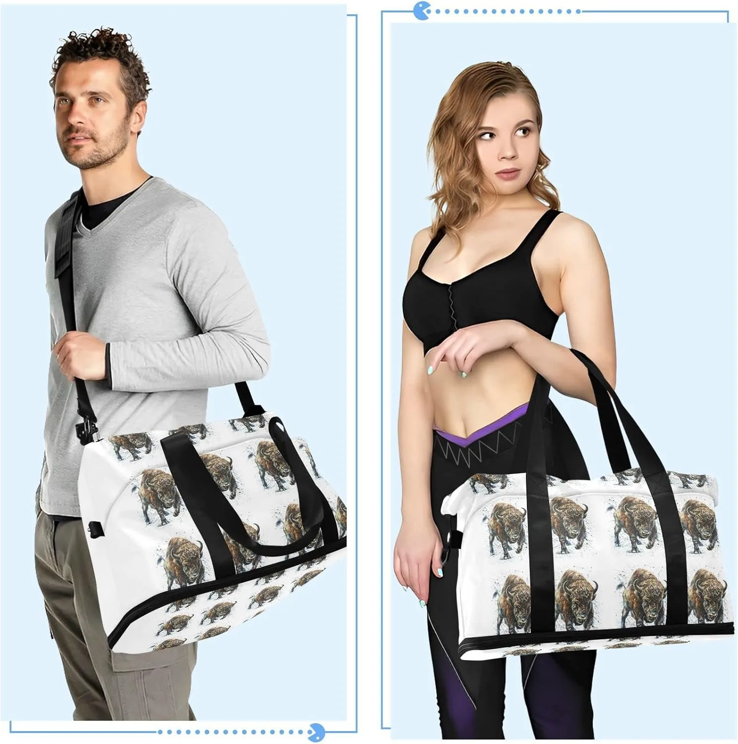 Watercolor Angry Buffalo, Bison, Bull, Wild Animal Paint on White Foldable Travel Bag, Camping Luggage bag, Portable Gym Bag, Sports Bag, Toiletry Bag with Handles Adjustable Shoulder Strap