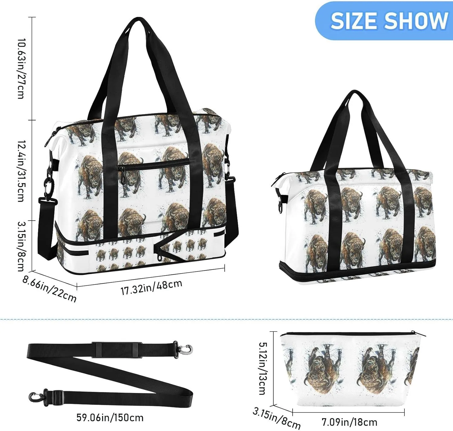 Watercolor Angry Buffalo, Bison, Bull, Wild Animal Paint on White Foldable Travel Bag, Camping Luggage bag, Portable Gym Bag, Sports Bag, Toiletry Bag with Handles Adjustable Shoulder Strap