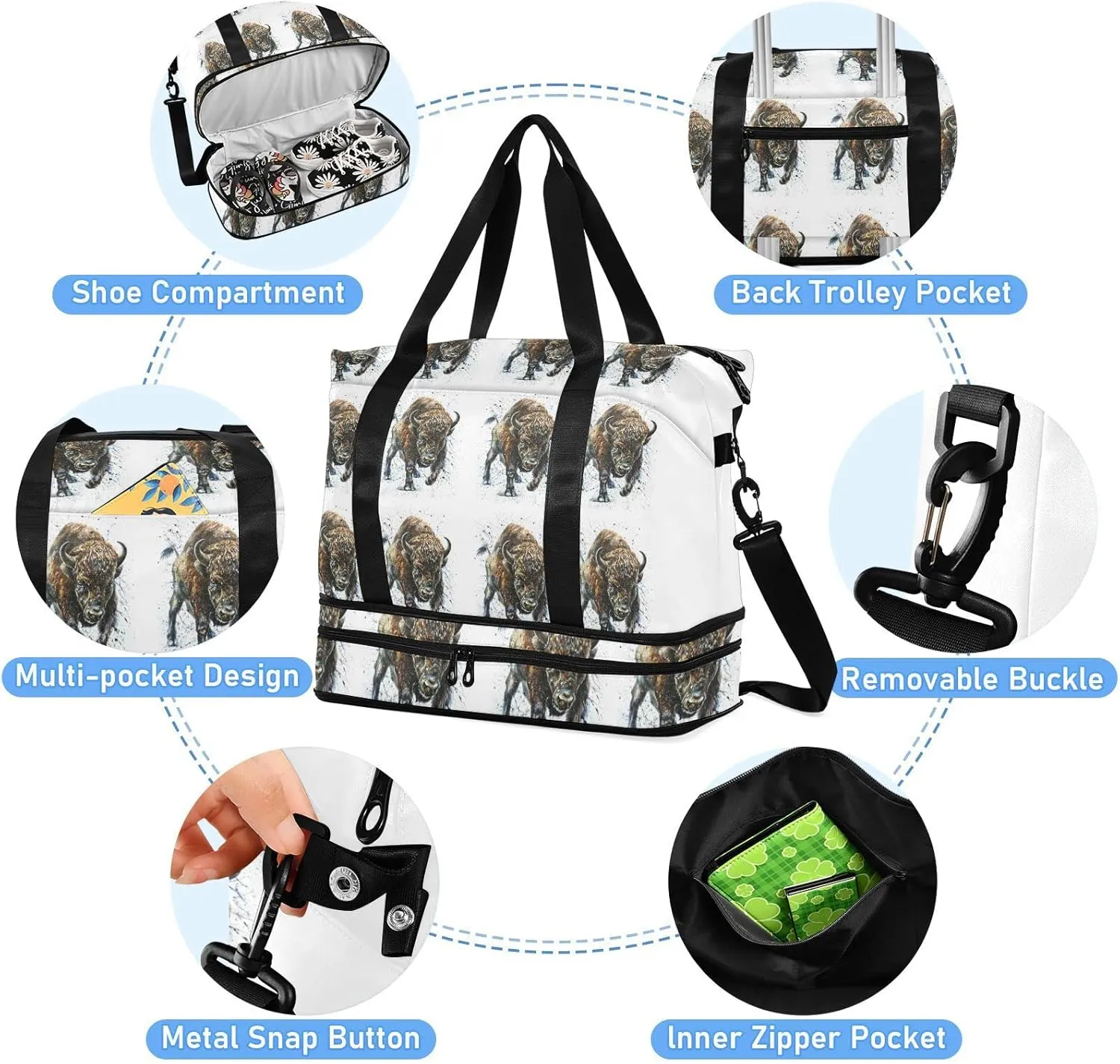 Watercolor Angry Buffalo, Bison, Bull, Wild Animal Paint on White Foldable Travel Bag, Camping Luggage bag, Portable Gym Bag, Sports Bag, Toiletry Bag with Handles Adjustable Shoulder Strap