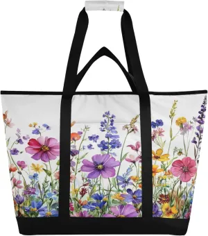 Watercolor Wildflower Reusable Insulated Cooler Bag with Ice Pack Compartment - Large 242L Waterproof Thermal Grocery Tote for Picnic Beach Camping Lunch Storage