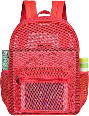 Waterproof Durable 16 Inch Mesh Backpack Transparent College Commuting Outdoor Sports Beach Swim Bag (Red)