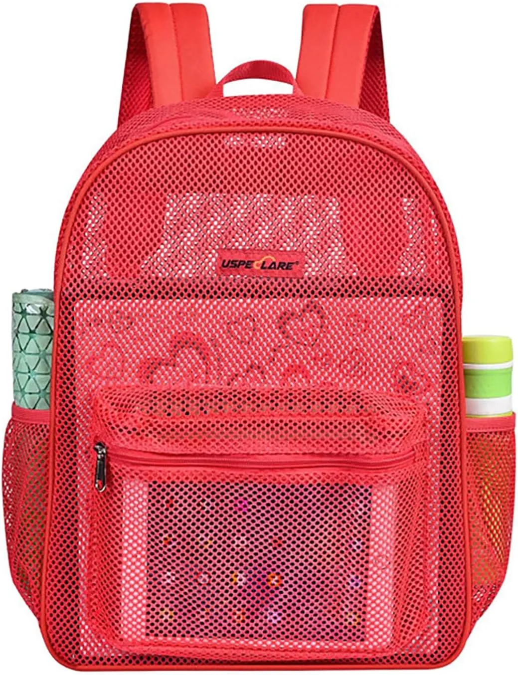 Waterproof Durable 16 Inch Mesh Backpack Transparent College Commuting Outdoor Sports Beach Swim Bag (Red)