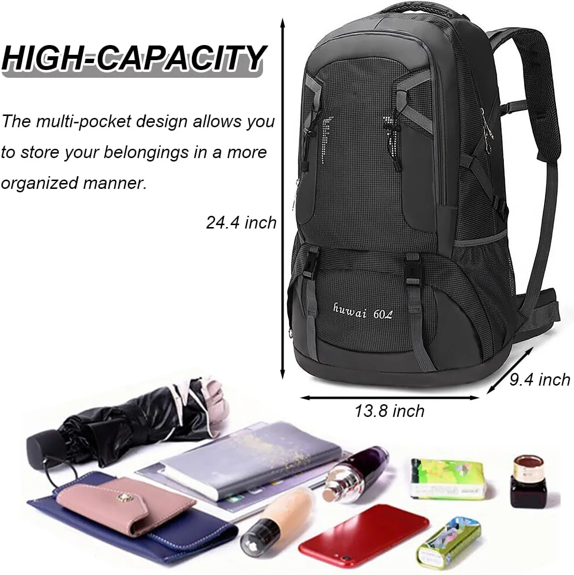 Waterproof Hiking Backpack, 60L Lightweight Outdoor Sport Daypack, Trekking Travel Backpacks for Men Women, Orange