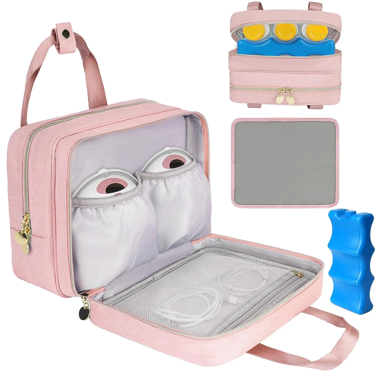 Wearable Breast Pump Bag with Cooler Compartment Compatible with Momcozy M5/S12 Pro, Elvie & Medela Pump in Style, Carrying Case with a Ice Pack & Waterproof Mat for Breast Pump and Accessories,Pink