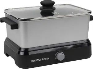 West Bend 87905 Slow Cooker Large Capacity Non-stick Vessel with Variable Temperature Control Includes Travel Lid and Thermal Carrying Case, 5-Quart, Silver