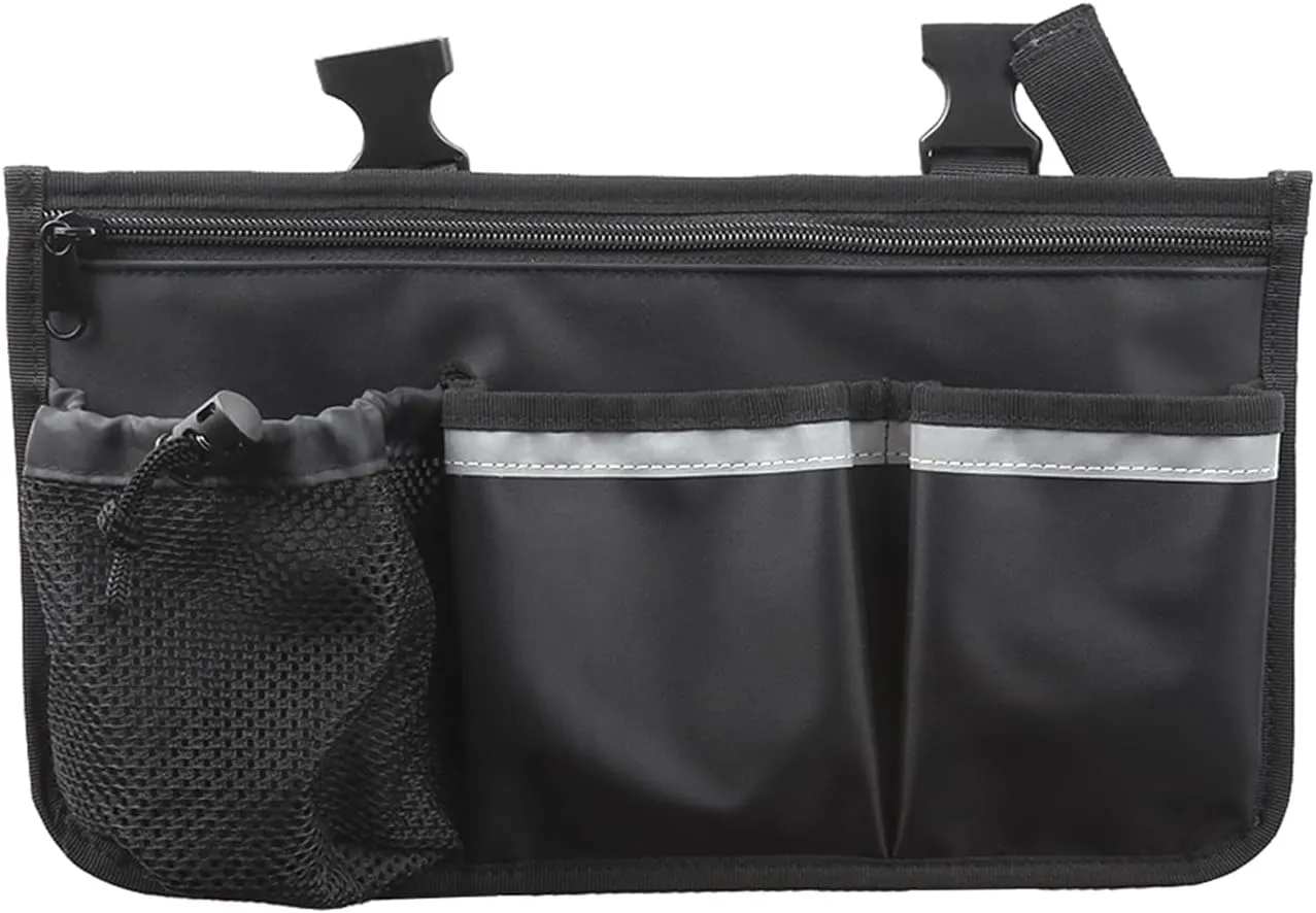Wheelchair Side Bag with Cup Holder,Foldable Walker Storage Bag with Big Capacity, Black Armrest Pouch Accessory for Folder Walker, Rollator, Electric Scooter Wheelchairs