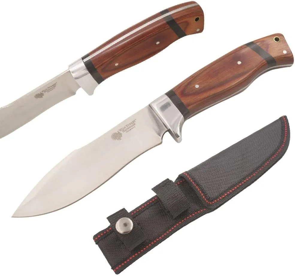 Wild Turkey Handmade 8.5" Fixed Blade Hunting Outdoor Knife Wooden Handle (Brown-2)