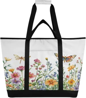 Wildflowers Butterfly Reusable Insulated Lunchbox Cooler Bag, Leakproof Kitchen Grocery Bag Collapsible Portable Cooler Tote Bag for Picnic, Camping, Office, Travel