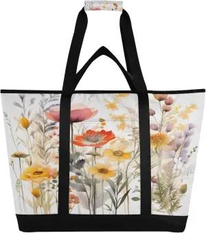 Wildflowers Reusable Insulated Cooler Bag with Ice Pack Compartment - Large 166L Waterproof Thermal Grocery Tote for Picnic Beach Camping Lunch Storage