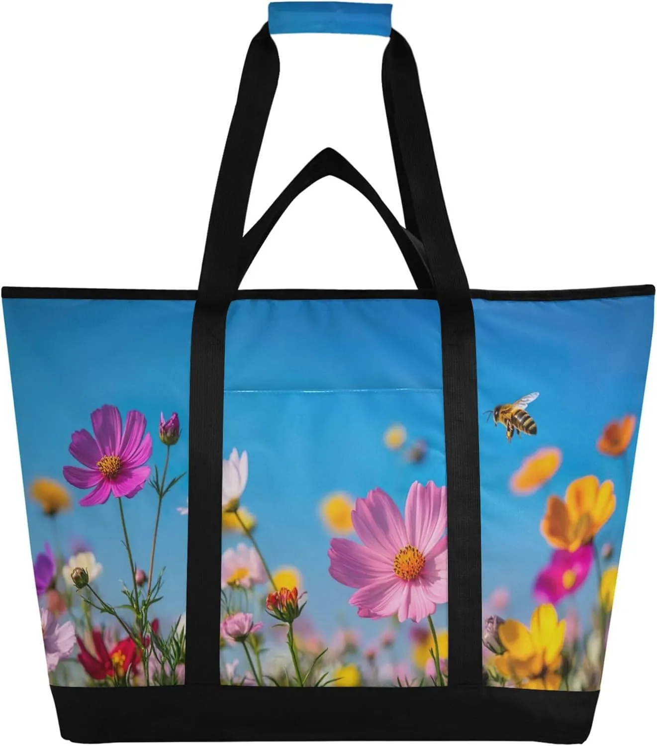 Wildflowers Reusable Insulated Cooler Bag with Ice Pack Compartment - Large 185L Waterproof Thermal Grocery Tote for Picnic Beach Camping Lunch Storage