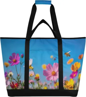 Wildflowers Reusable Insulated Cooler Bag with Ice Pack Compartment - Large 185L Waterproof Thermal Grocery Tote for Picnic Beach Camping Lunch Storage