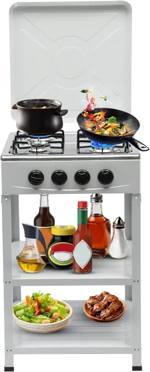 Windproof Camping Stove with 4 Burner - Heavy Duty Outdoor Portable Gas Burner Stove with Wind Blocking Cover and Detachable Stand Legs Outdoor Camp Stove for Camp Cooking (White)