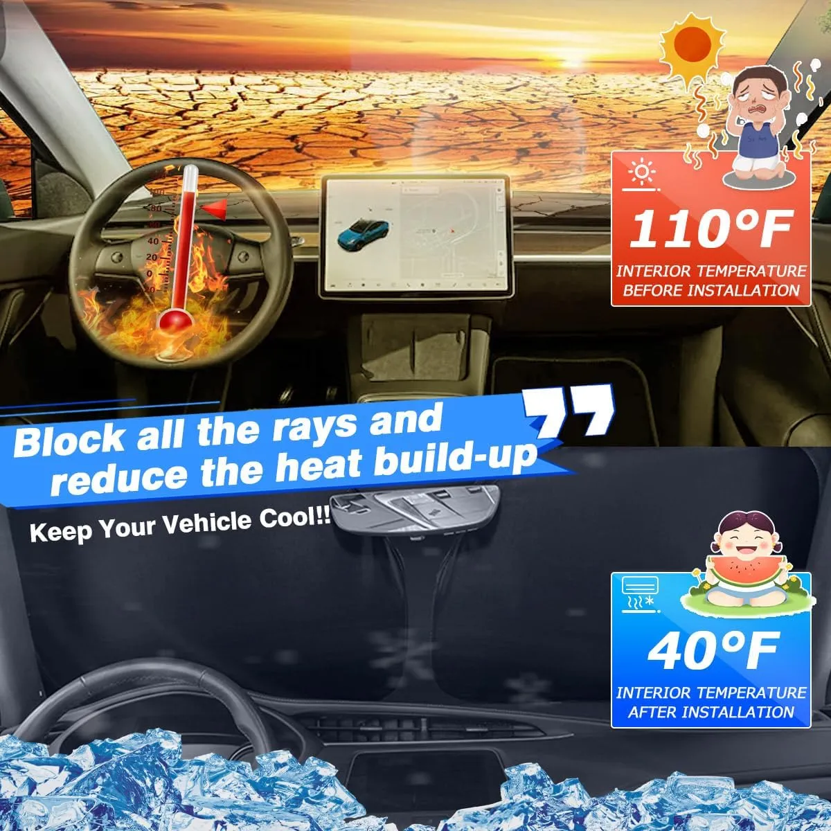 Windshield Sun Shade for 2022-2025 GMC Hummer EV Accessories Thicken 6-Layer Front Window Sunshade Cover Sun Visor Protector Foldable Block UV Rays Keep Vehicle Cool