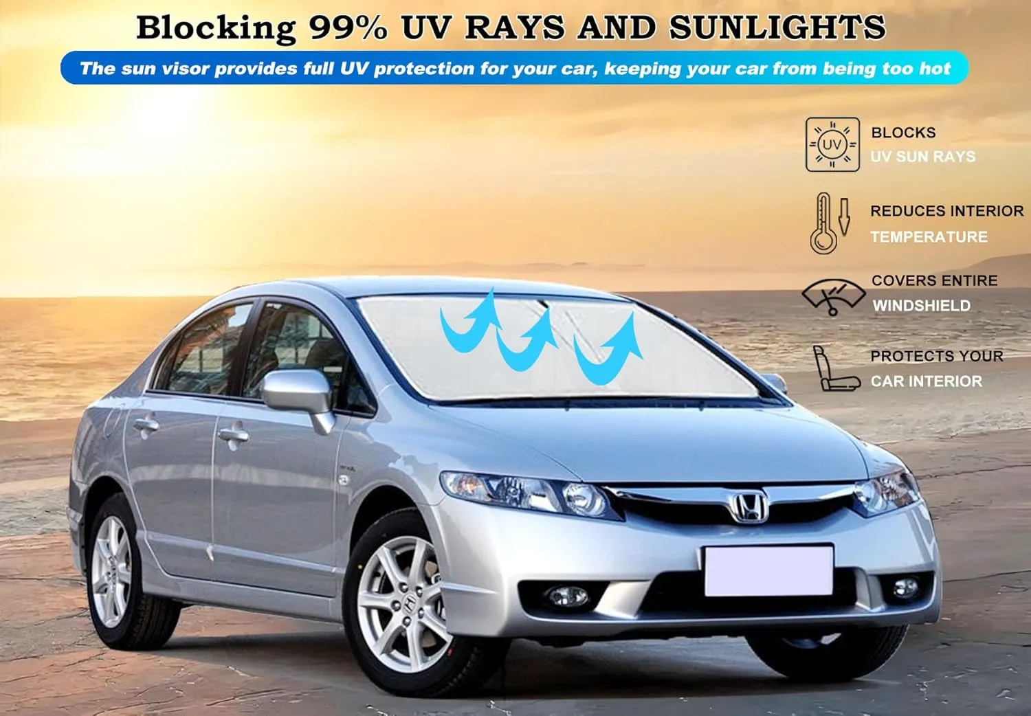 Windshield Sun Shade for Honda Civic 2006-2011 Front Window Sun Visor Protector Honda Civic Accessories Foldable Sunshade Blocks UV Rays Keeps Your Car Cooler