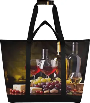Wine Bottle Reusable Insulated Cooler Bag with Ice Pack Compartment - Large 47L Waterproof Thermal Grocery Tote for Picnic Beach Camping Lunch Storage