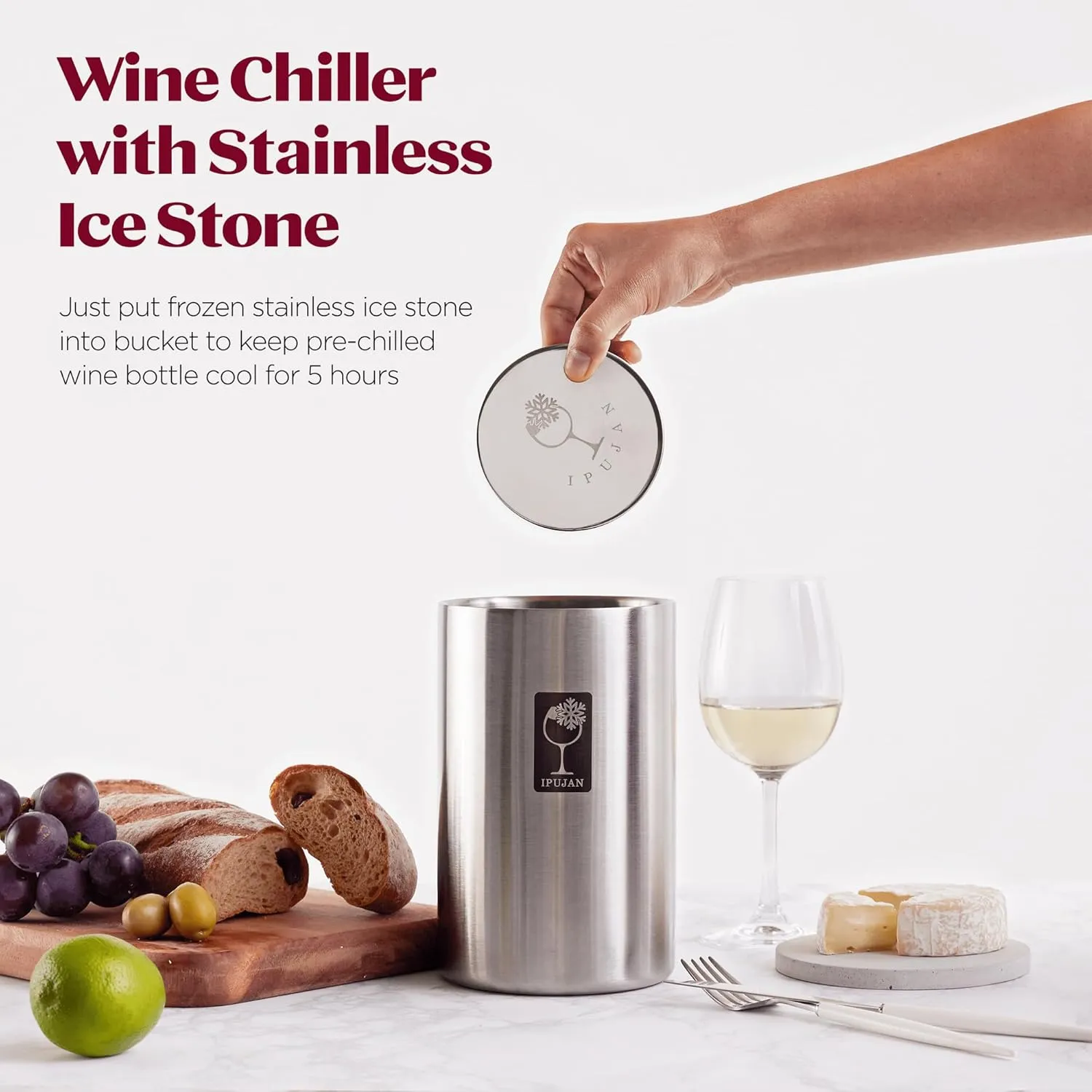 Wine Chiller Bucket with Stainless Ice Stone - Champagne Bucket for 750ml Single Bottle Cold up to 5 Hours - Iceless Insulated Double Walled White Wine Cooler Bucket (Silver)