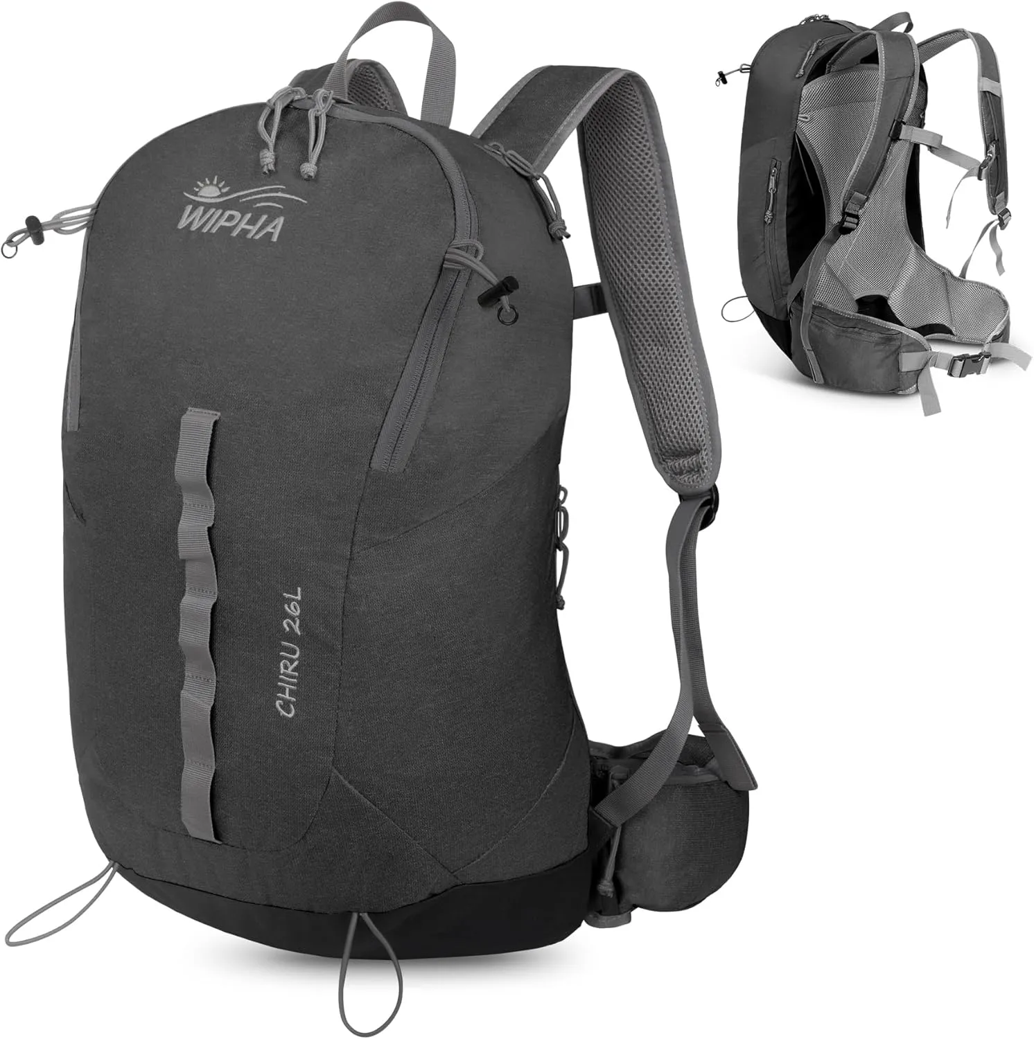WIPHA 26L Lightweight Hiking Daypack with High Strength Aluminum Support, Small Travel Hiking Backpack for Women Men (Black)