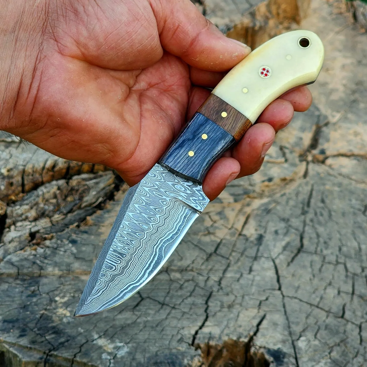 Wolf Cut Handmade Damascus Steel Hunting knife Fixed Blade knife, Bone & Rose Wood Handle Bull Cutter Knife, EDC Utility knife Cowboy Knife Damascus Steel Knife Bushcraft knife Skinning Knife with leather Sheath (Black Wood Bone)