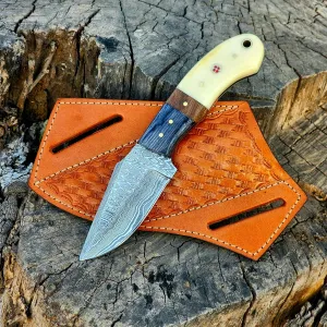 Wolf Cut Handmade Damascus Steel Hunting knife Fixed Blade knife, Bone & Rose Wood Handle Bull Cutter Knife, EDC Utility knife Cowboy Knife Damascus Steel Knife Bushcraft knife Skinning Knife with leather Sheath (Black Wood Bone)