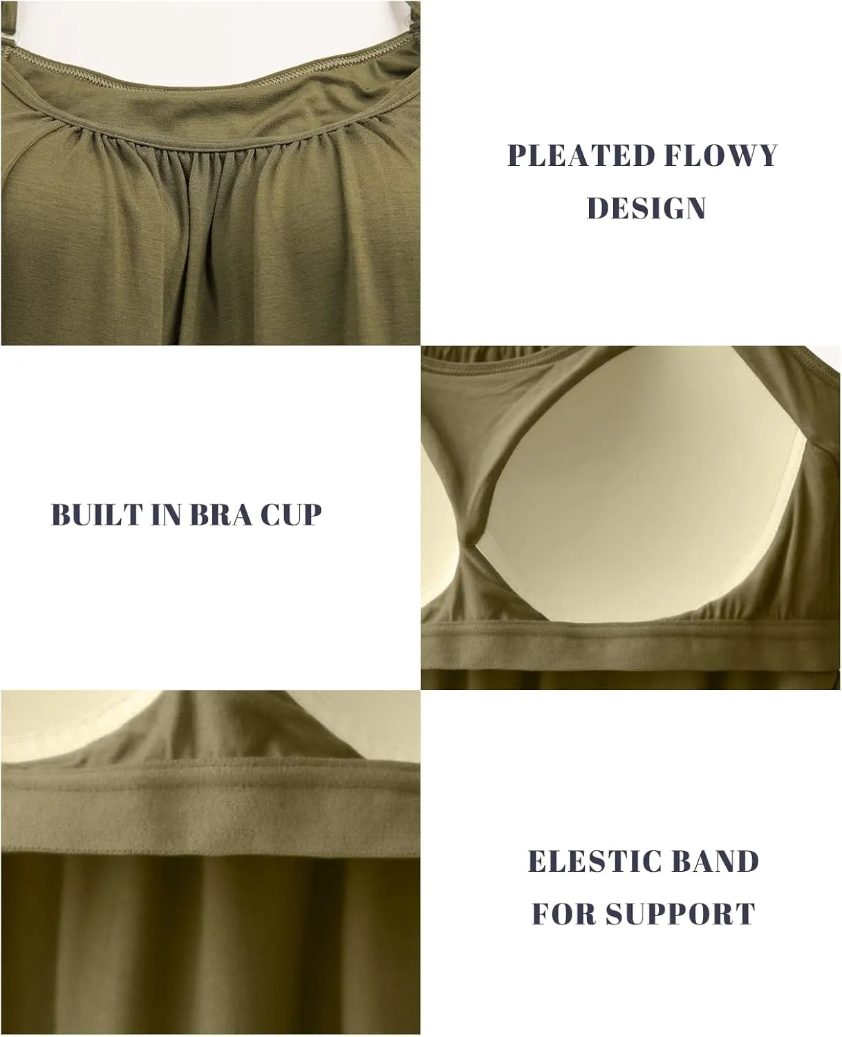 Women's Cami with Built in Bra Cup Casual Flowy Swing Pleated Tank Top with Adjustable Strap (S-4XL)