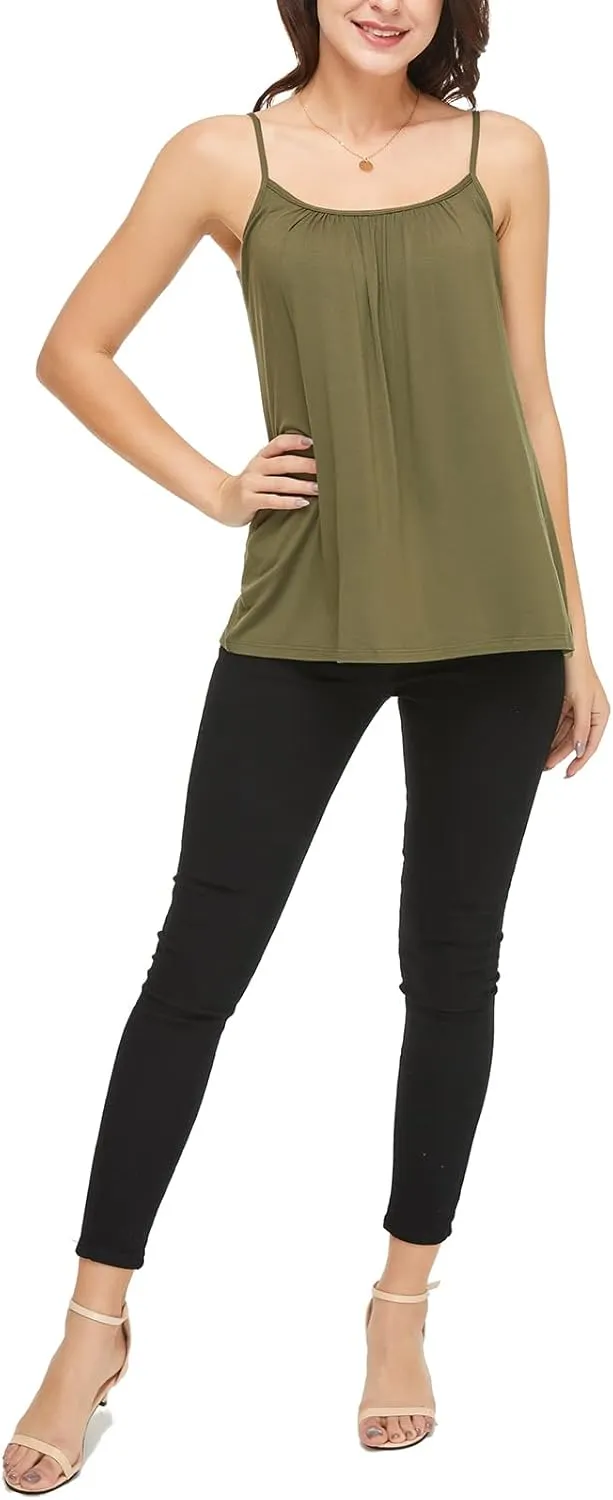 Women's Cami with Built in Bra Cup Casual Flowy Swing Pleated Tank Top with Adjustable Strap (S-4XL)