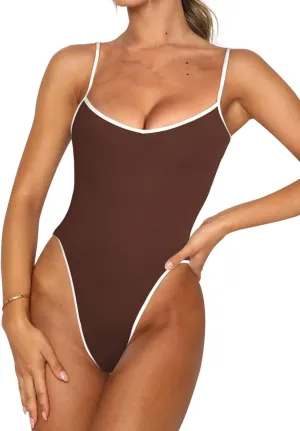 Women's One Piece Bathing Suit Adjustable Spaghetti Strap Swimsuit Color Block Swimwear