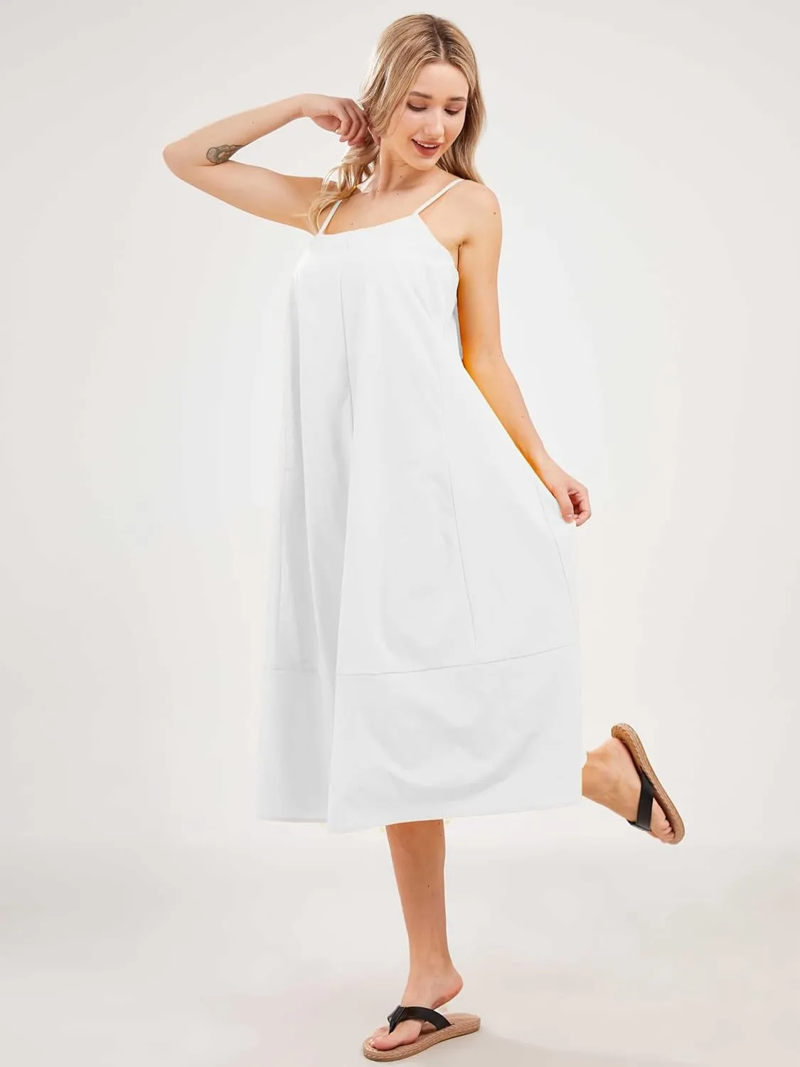Womens Summer Dresses Sleeveless Spaghetti Strap Lounge Dress Flowy A-Line Midi Dress